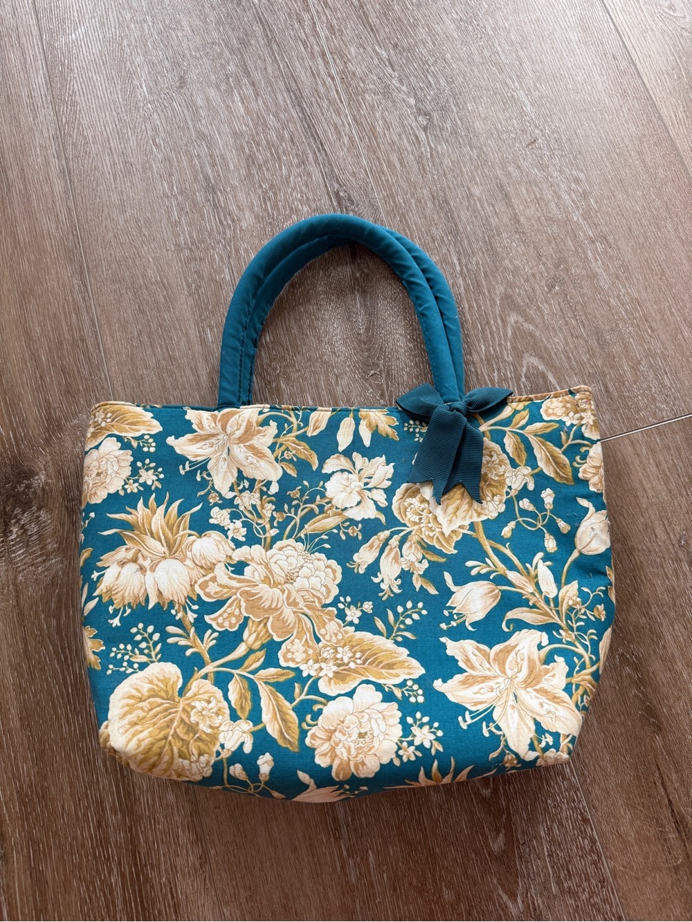 Teal Floral Quilted Lunch Bag with Bow Accent